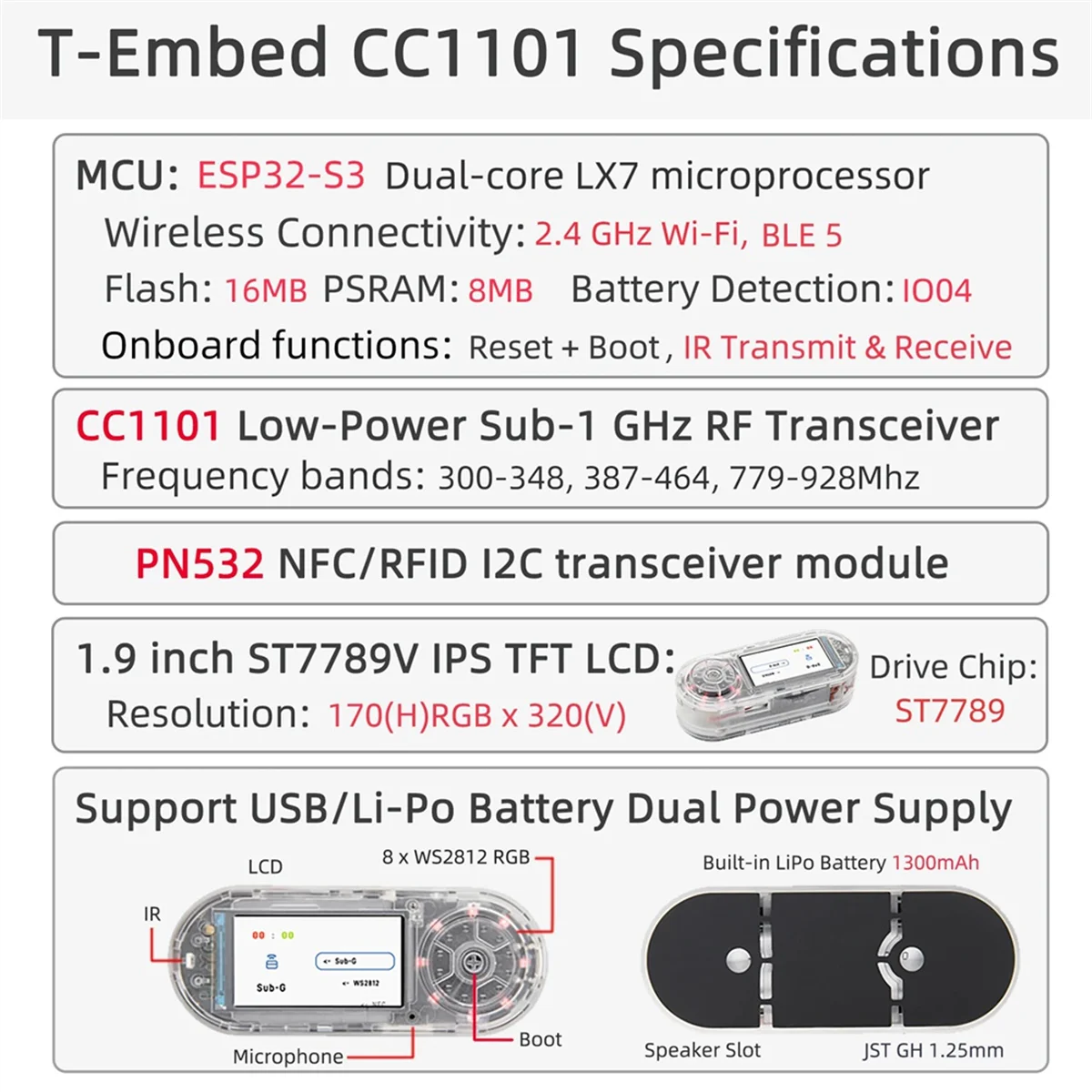 AU35 LILYGO New T-Embed ESP32-S3 CC1101 Low-Power GHz RF Transceiver PN532 NFC RFID I2C Module LCD Board Battery 1300mAh