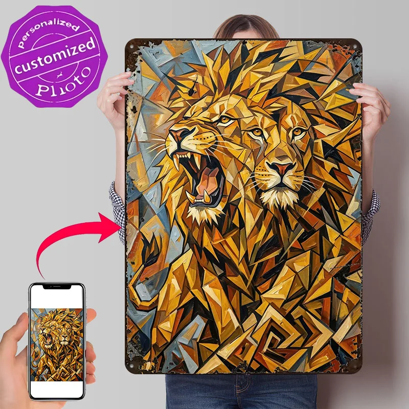 Geometric Lion Roaring 3D Texture Metal Poster Customized Wall Art Tin Sign Gift for Mancave Home and Decoration Room Man Cave