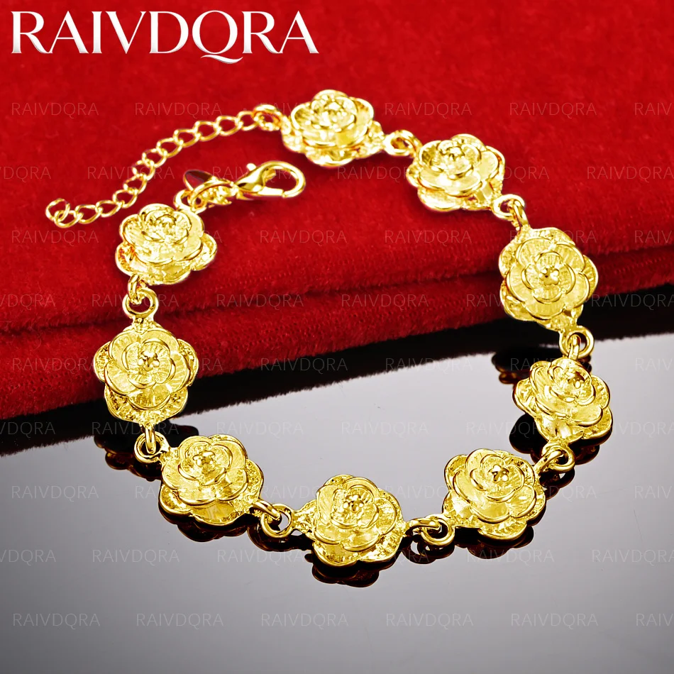 18K Gold Plated Rose Chain Bracelet For Women Fashion Jewelry Classic Retro Elegant Party Accessories Holiday Gift
