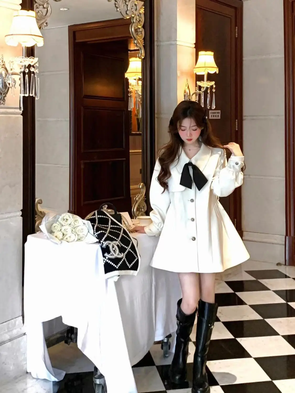 Korea Woolen Coat Korean Fashion Cape Coats For Women Winter New Kawaii Bow Doll Collar White Elegant Woolen Coat