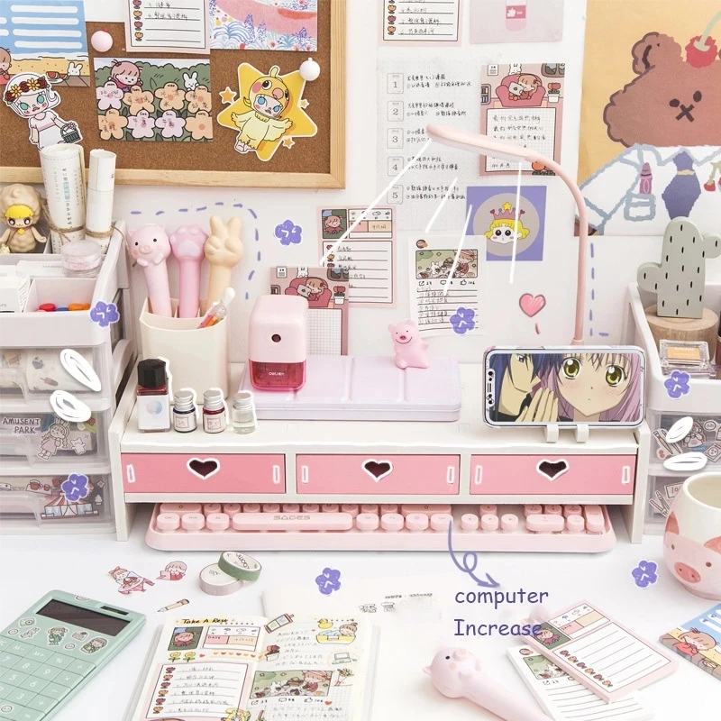 Pink White Student Storage Rack Heart Drawers Monitor Laptop Increase Shelf Office Screen Riser Holder Stationery Pen Storage