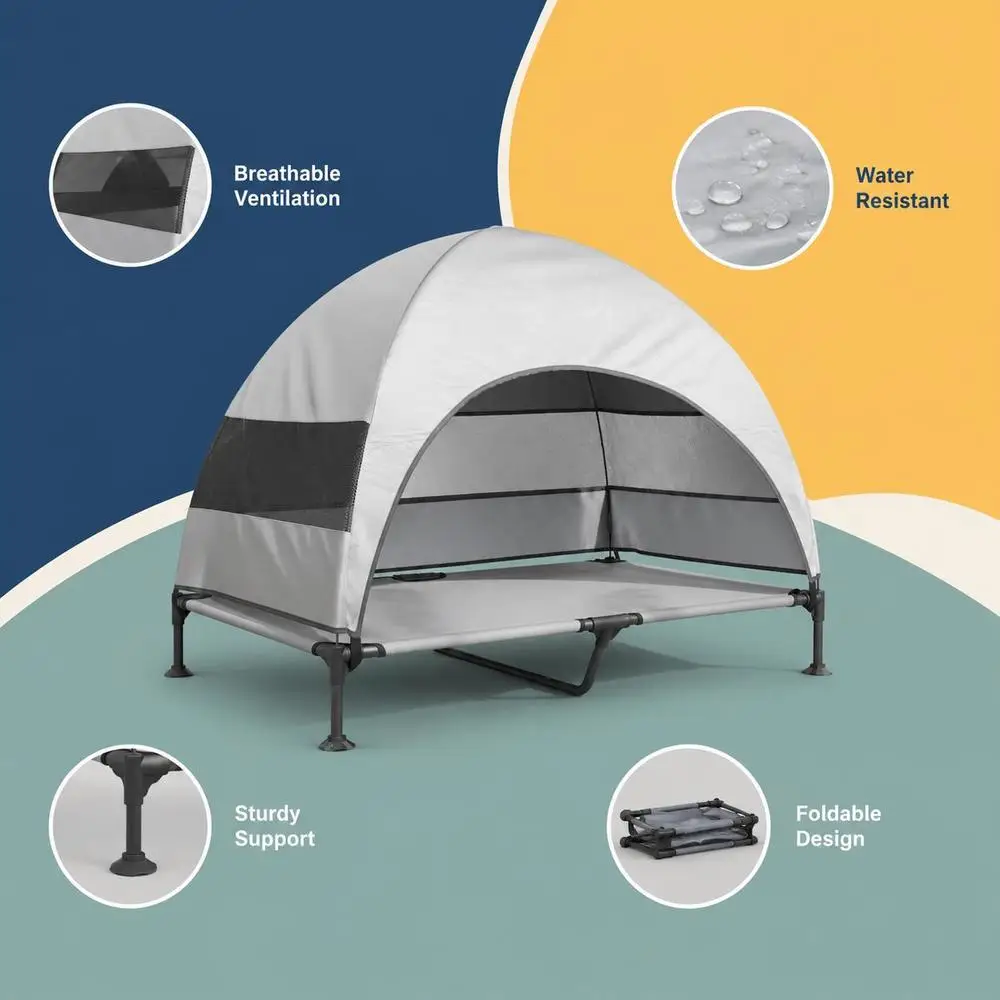 Lit pliable surélevé pour chien, structure en acier avec tissu en polyester, conception respirante pour un soutien optimal, idéal pour le jardin, la terrasse et les moments de détente en extérieur, 127 x 81 x 108 cm.