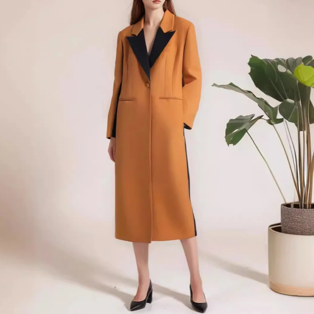 British Style Temperament Commute Lapel Coat for Women Autumn New Color Contrast Patchwork Minority Fashion Long Trench