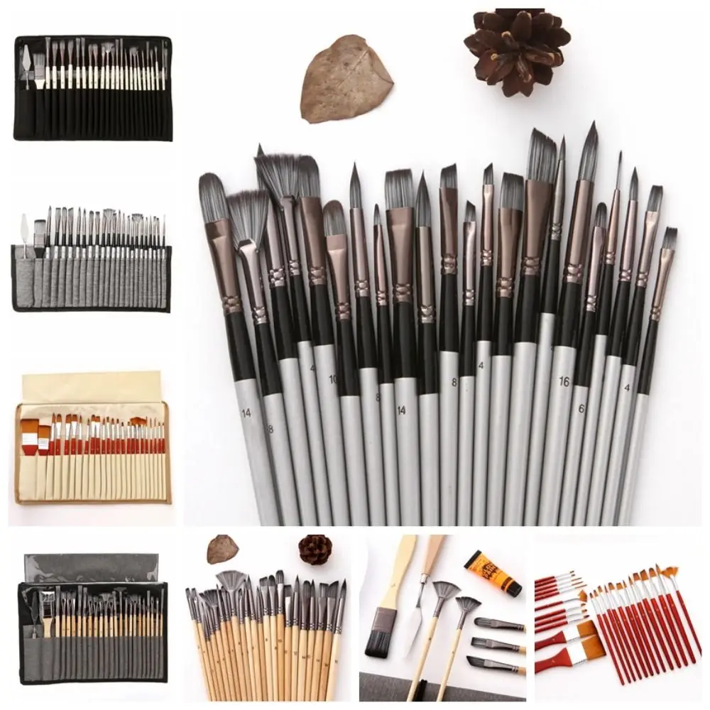 24pcs/set Wooden Handles Acrylic Paint Brushes Set Colorful Nylon Hair Oil Painting Brush Scrubbing Scraper with Cloth Roll Case