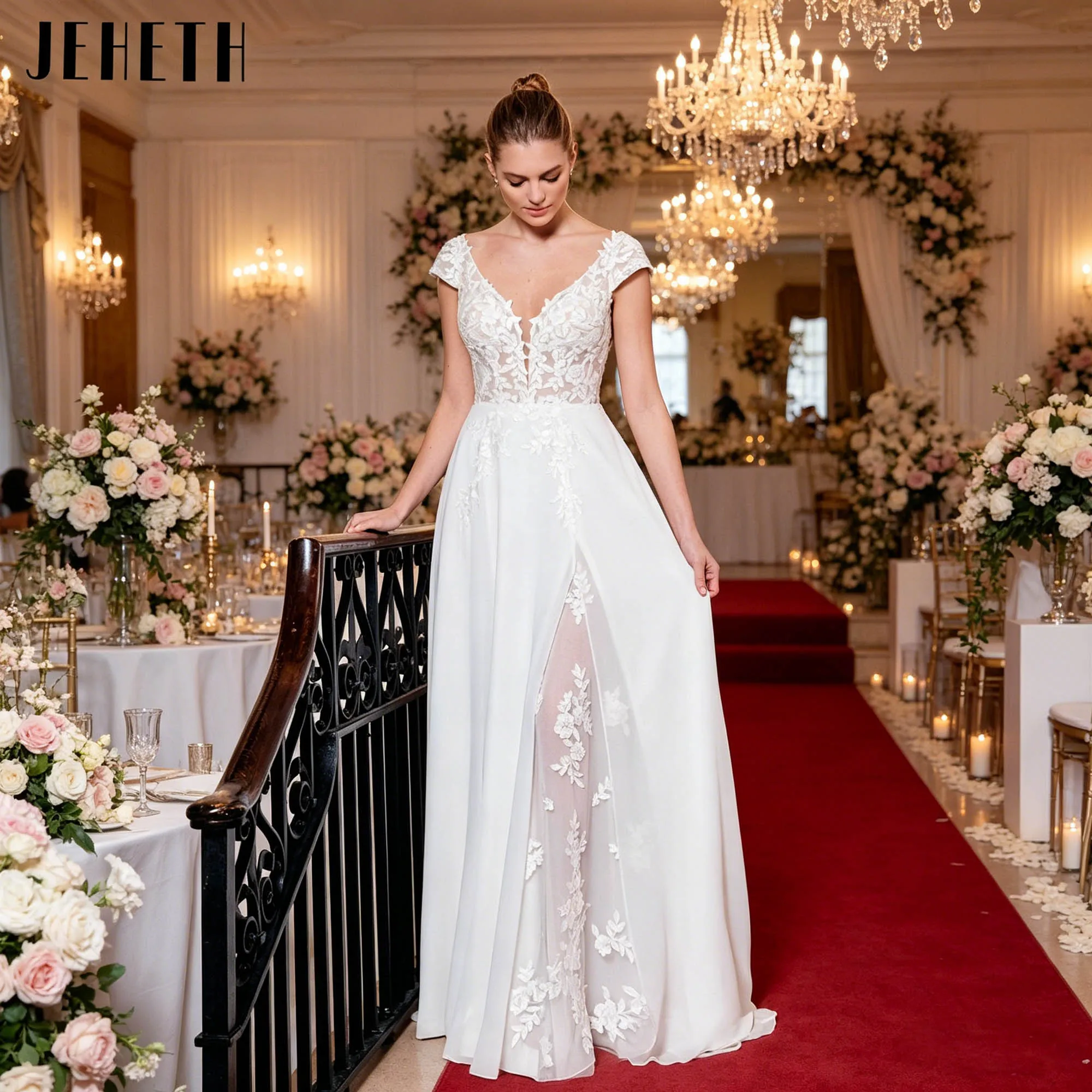 Vestidos de novia de gasa JEHETH, elegantes, con mangas casquillo, corte en A, aberturas y apliques, vestidos de novia modernos con cuello en V, personalizados JEHETH Vestidos de novia de gasa gorra mangas elegantes A-