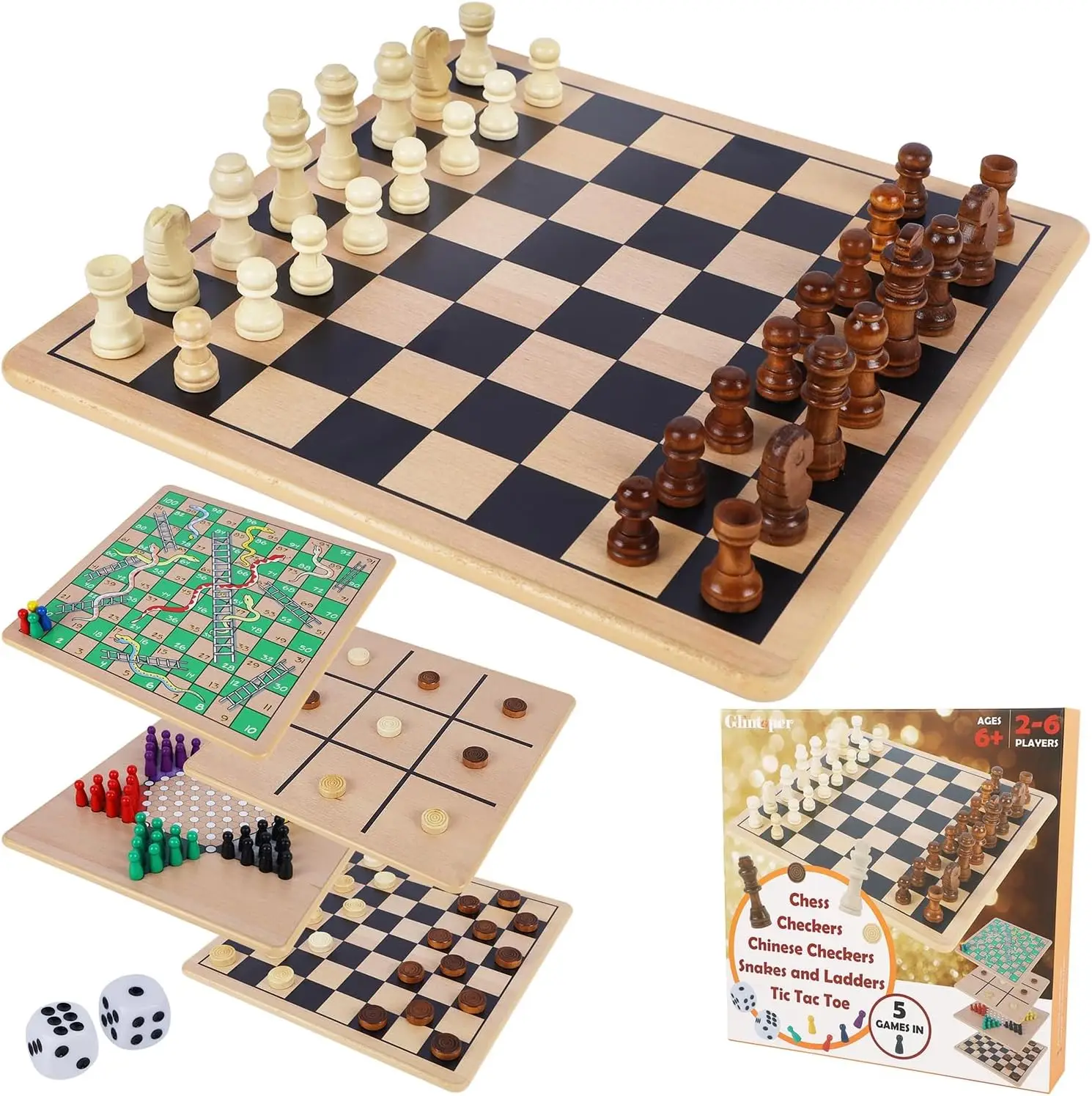 

5-in-1 Wooden Board Game Set for Family: Chess, Checkers, Chinese Checkers, Snakes & Ladders, Tic Tac Toe