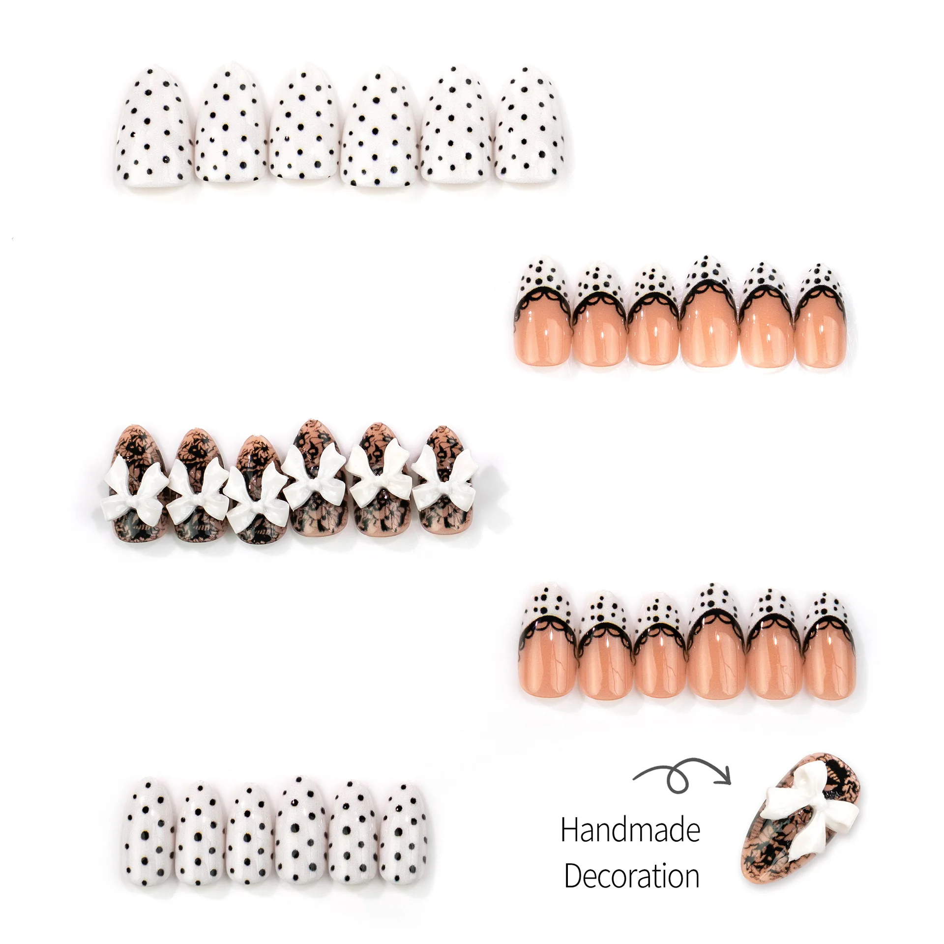 30 Stück Schwarz-Weiße Wellenförmige French Press-on Nägel mit Perlen-Polka-Dots und Süßer Mädchen-Schleife, Kurze Mandel-Kunstnägel für Frauen – Detail 4