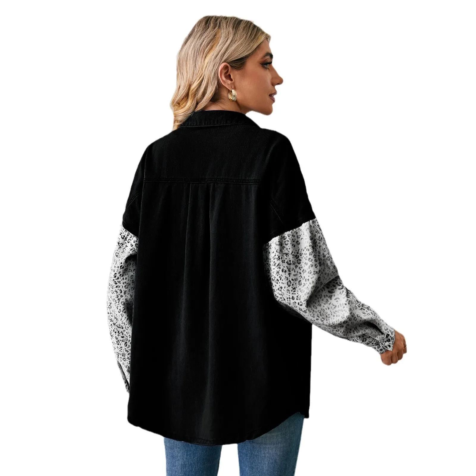 여성용 데님 셔츠 레오파드 프린트 블라우스 패치워크 워시드 2025 아우터웨어 라펠 싱글 브레스티드 포켓 캐주얼 오버셔츠 탑스