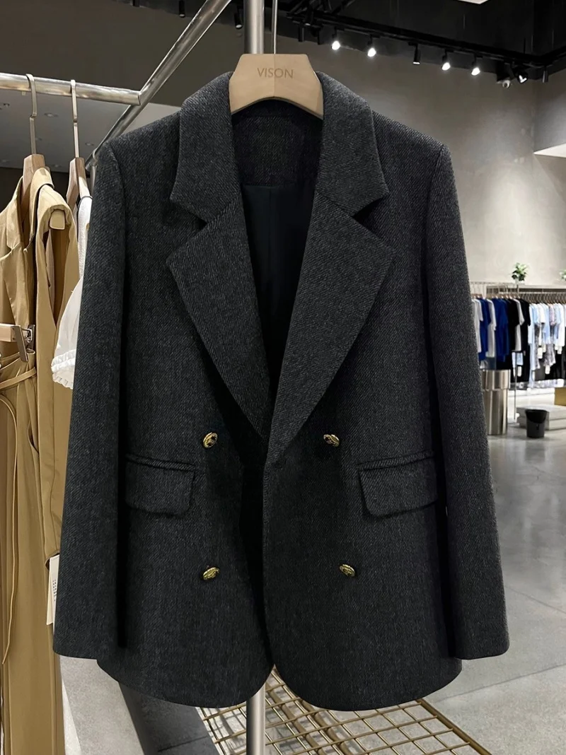 

Темно-серый диагональный корейский вариант шерстяной пиджак для женщин, новинка 2025, осенне-зимний высококачественный пиджак W972