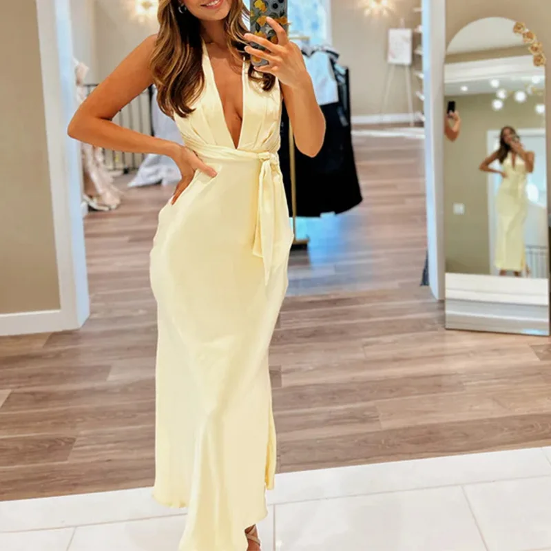 Sexy V-Neck Long One-Piece Dress Gown Women's Backless Curve Maxi Dresses Elegant Satin Evening Club Clothes Luxury Ins New 2024