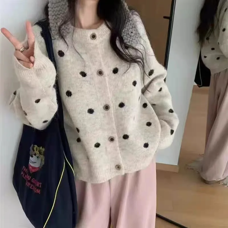 

Retro Color Blocking Polka Dot Knitted Cardigan for Women in Autumn and Winter, Loose and Slimming, Versatile Sweater Jacket