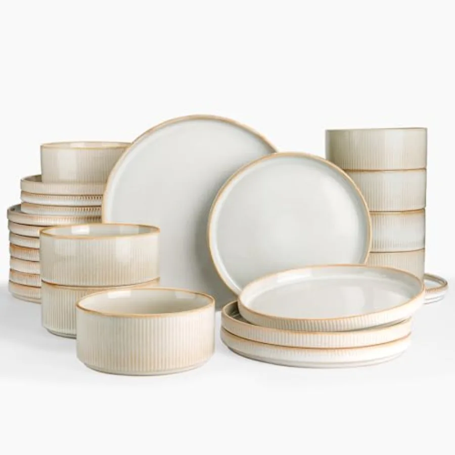 

Modern 24-Piece Stoneware Dinnerware Set for 8 Cappuccino White Microwave and Dishwasher Safe Chip and Scratch Resistant Kitche