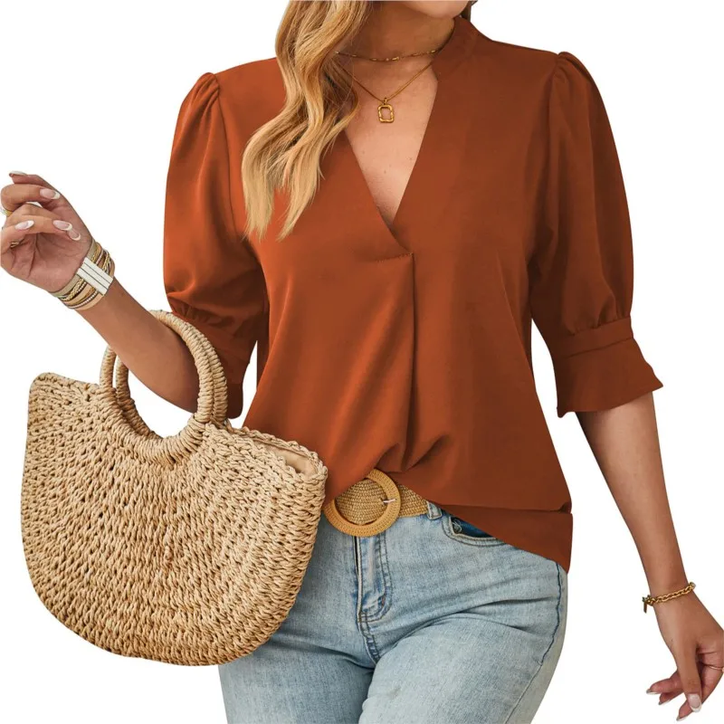 

Elegant Solid Color Women's Blouse Top V-neck Pullover Lantern Sleeves Fashionable Women's Half Sleeve Shirt New Product 2025