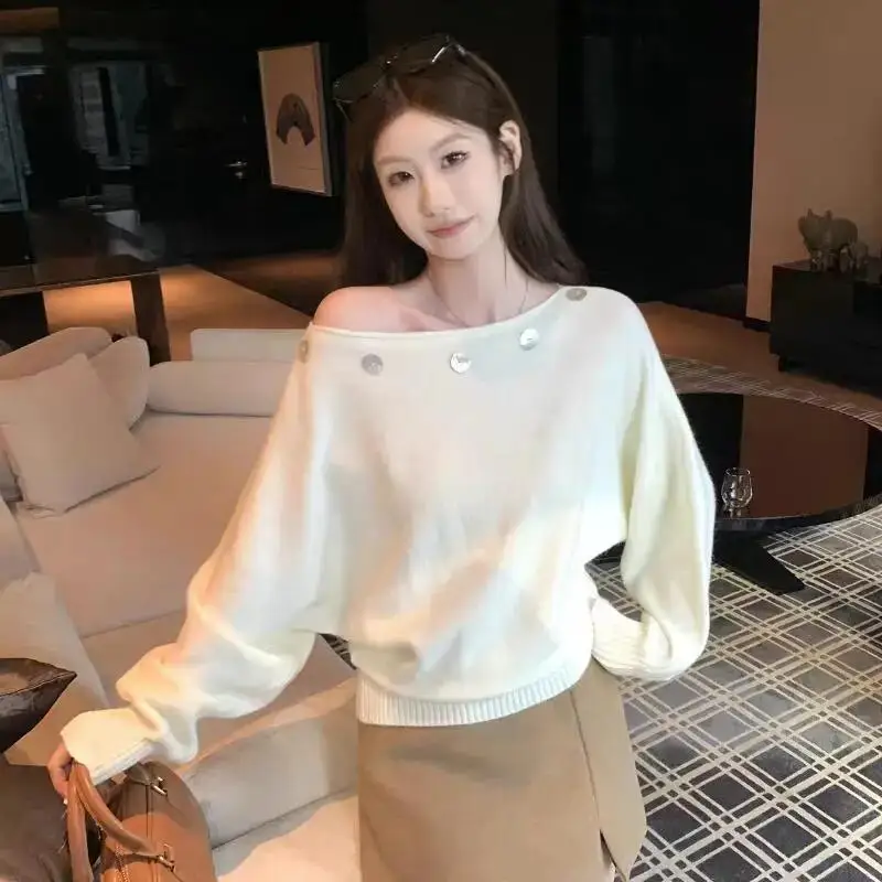 Autumnwinter New Women Clothing Korean Style Design Fashion Slant Shoulder Knitted Sweater Loose Lazy Style Long Sleeve Sweater