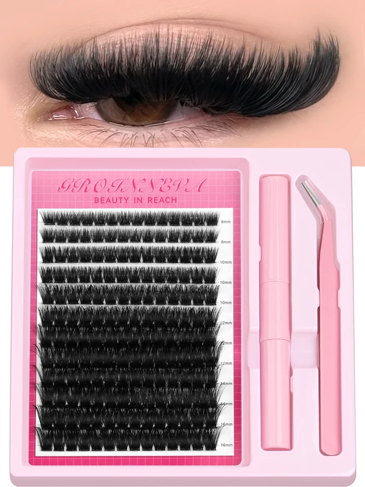 Kit de pestañas por racimos esponjosas individuales, C curl, extensiones de 10-18mm, kit DIY con pegamento y sellador 3