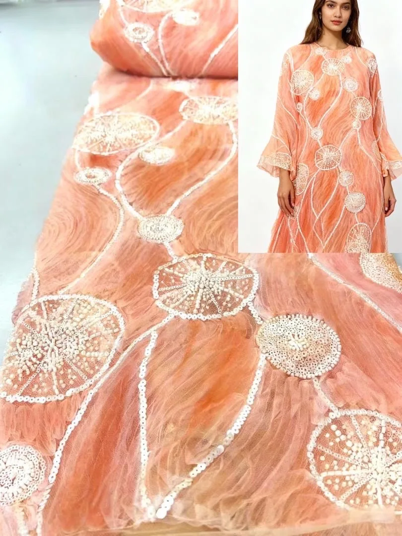 

Luxury African Chiffon Lace Fabric 2025 High Quality Beaded Embroidered Nigerian Net Lace Fabrics Sequins for Women Party Dress
