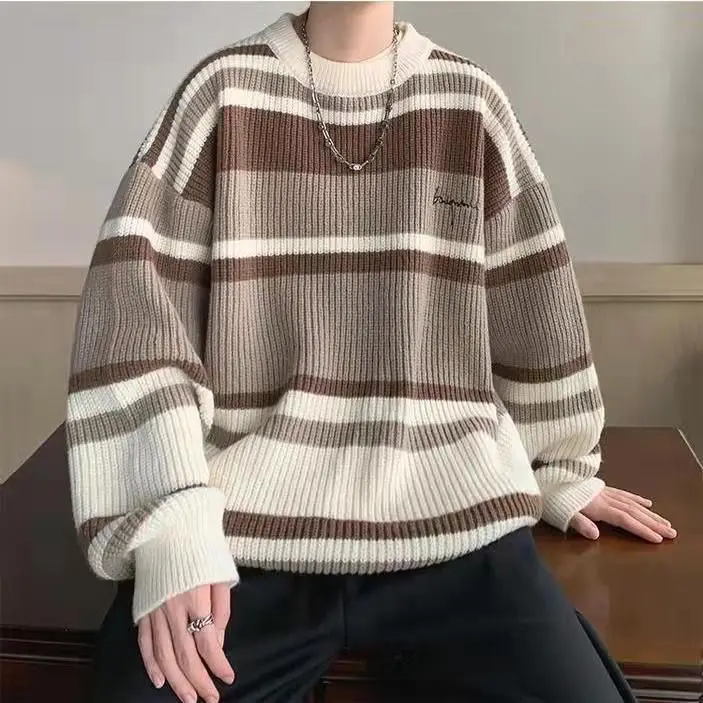 Trendy Harbor Style Stripe Contrast Color Lazy Round Neck Knit Sweater