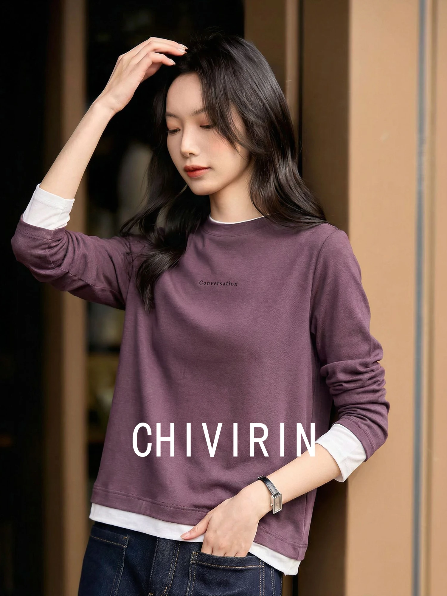 

Новая женская трикотажная футболка Chivirin с длинным рукавом и круглым вырезом, свободного кроя, в повседневном стиле, весенняя коллекция, цветная