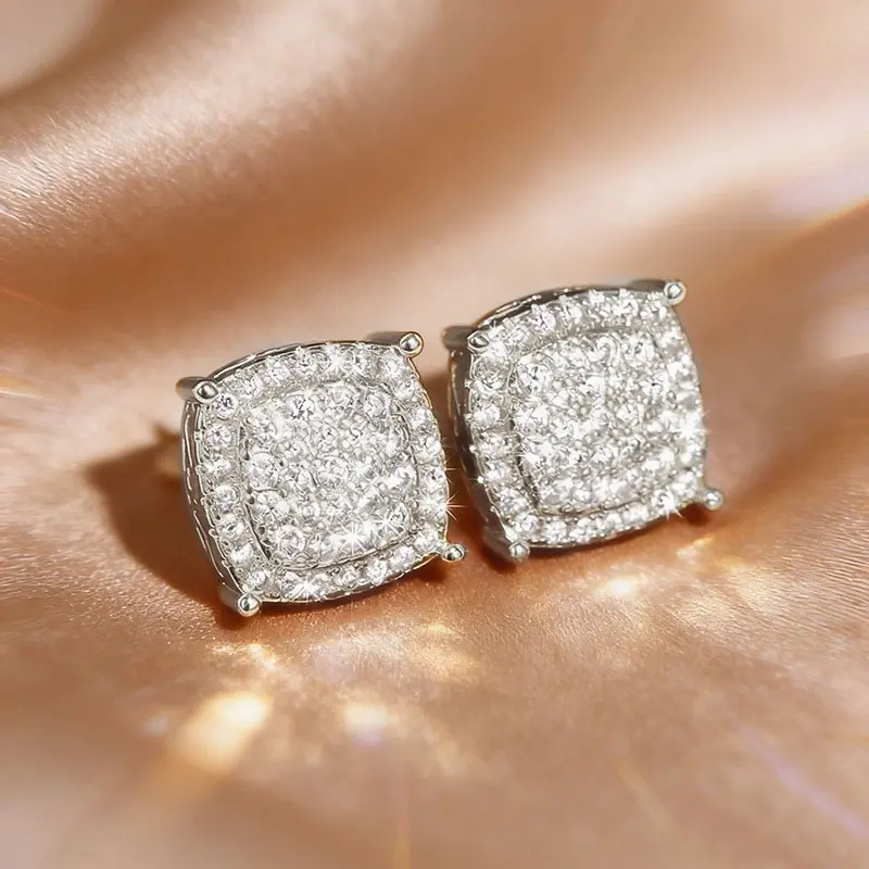 Anziw Cushion Shaped Full Paved Round Moissanite Stud Earring 14K Gold Filled Neutral Shiny Ear Studs For Women Men Jewely Gift