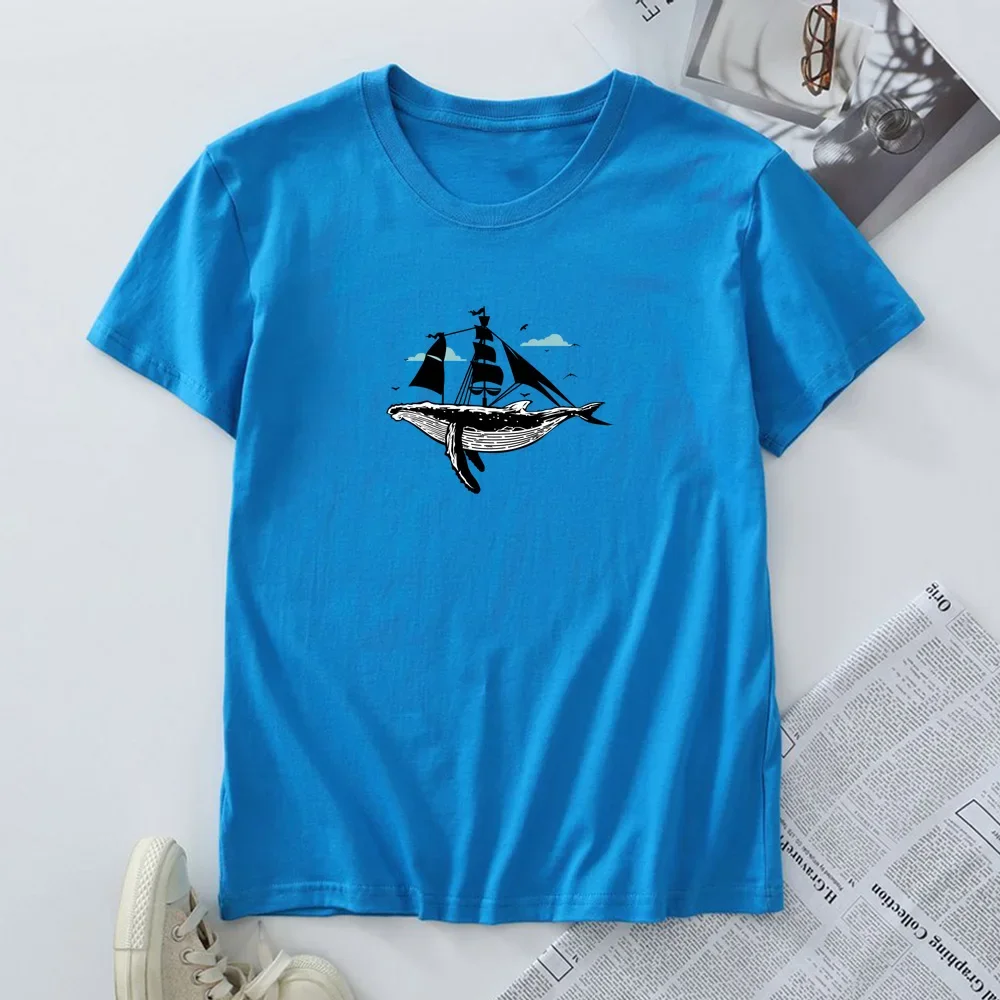 Plus Size T-shirt Women's Cotton Tees Summer Short Sleeve Tops Woman Clothing Female Tshirt Whale Sailboat Graphic T Shirts