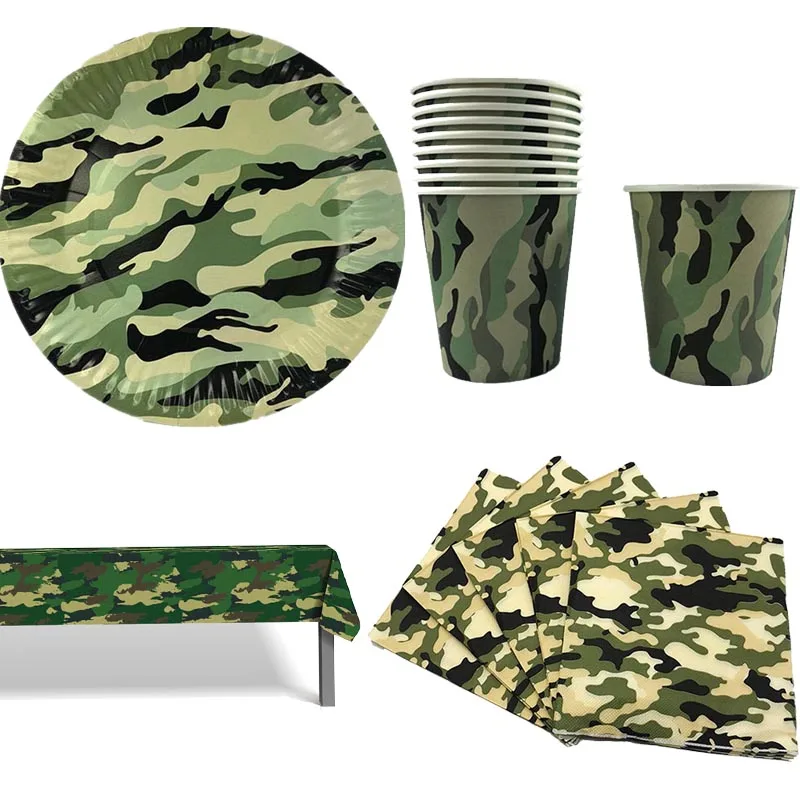 Camouflage Servies Borden Kopjes Servetten Tafelkleed Verjaardag Banner Jongen Militaire Verjaardagsfeestje Decoraties Gun Ballon