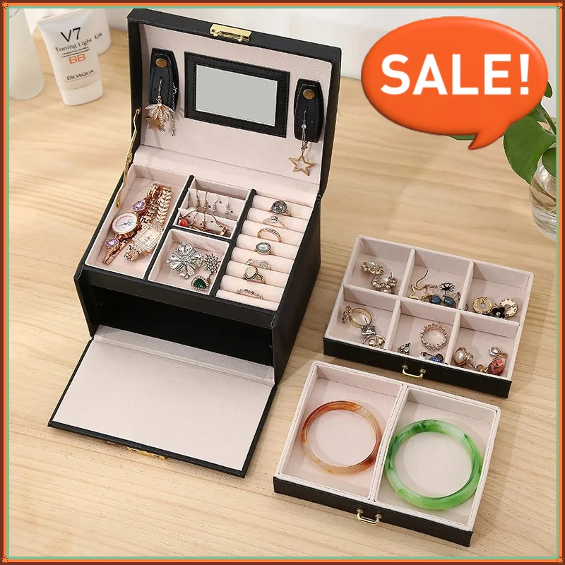 2026 Three Layer Portable Travel Jewelry Box Jewelry Organizer and Display Box Earrings Necklace Ring Packaging box with Mirror