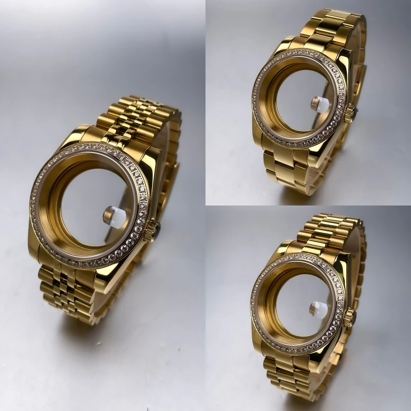 

36mm/39mm DJ Yellow Gold NH35 Case Diamond Bezel Sapphire Glass for 28.5mm Dial Parts Fit NH35 NH36 Movement Watch Case