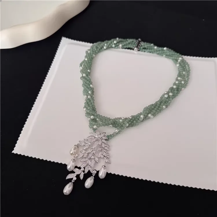 Multi-Layer Natural Aventurine Jade With Pearl Collarbone Necklace CZ Pendant