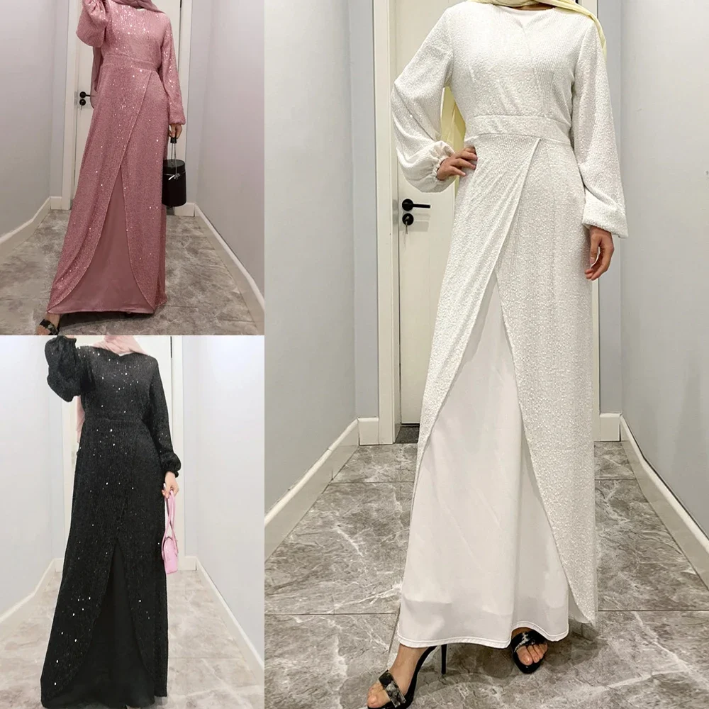 Plus Size Sequins Slim Evening Dress Formal Women Elegant Party Prom Gowns Muslim Long Sleeve Islamic Vestido Arabic Eid Ramadan