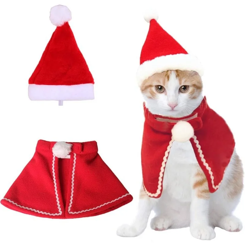 Christmas Cat Cloak Scarf Dog Pet Cosplay Costume Xmas Kitten Plush Santa Hat Funny Birthday Party Mantle Dress Up Apparel