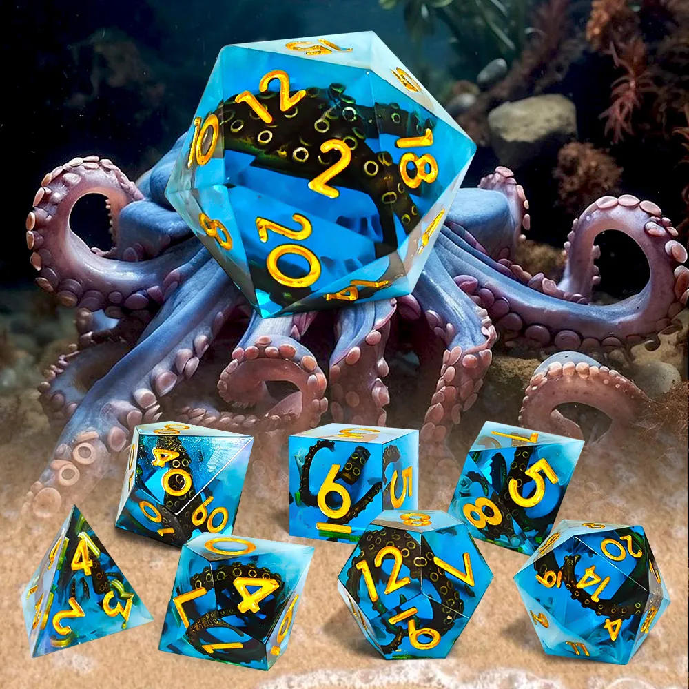 7Pc/set Resin Ocean Octopus Sharp Edge Dice Set for DND RPG TRPG Board Games Dungeons and Dragons Games Dice Entertainment Dice