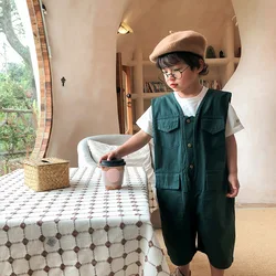 2022 Spring Summer Unisex Kids Overall Fashion Korean Children Denim Sleeveless Jumpsuit Clothes Baby Boys Girls Casual Trousers