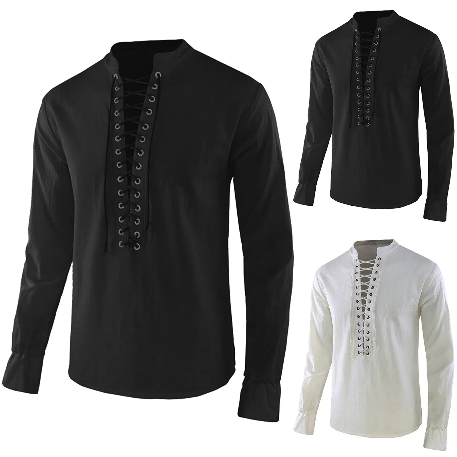 Retro Top Adult Men Medieval Costume Vicking Pirate Top Shirt Costume Renaissance Gothic Retro Cosplay Solid Long Sleeve Bandage