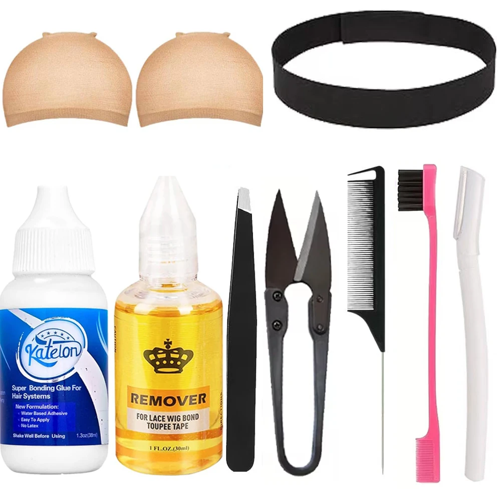 

Lace Wig Install Kit,Wig Install Kit For Beginner,HD Wig Cap ,Waterproof Lace Glue,Edge Brush, Melting Elastic Band,Tweezer,Comb