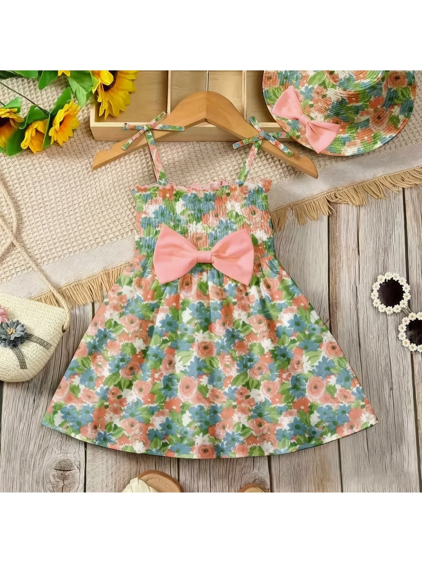 Mädchen Lässiges Bequemes Trägerkleid mit Quadratischem Ausschnitt, Ärmellos, Schleife und Blumenmuster, Oberteil für Kinder und Damenmode – Detail 15
