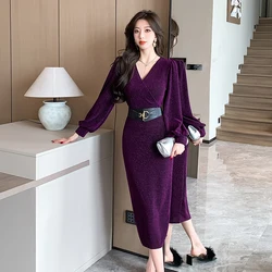 2024 New Fashion Summer Purple Lantern Sleeve Bodycon Midi Dress Elegant Women Sexy V Neck Slim Split Pencil Club Belt Vestidos