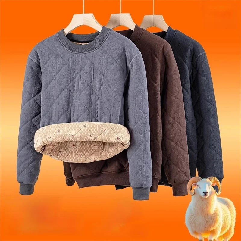 Winter Men's Long Sleeve T-shirt Fleece Lined Thickened Velvet Warm Pullover Tops Solid Color Round Neck Base Shirt Casual Tees