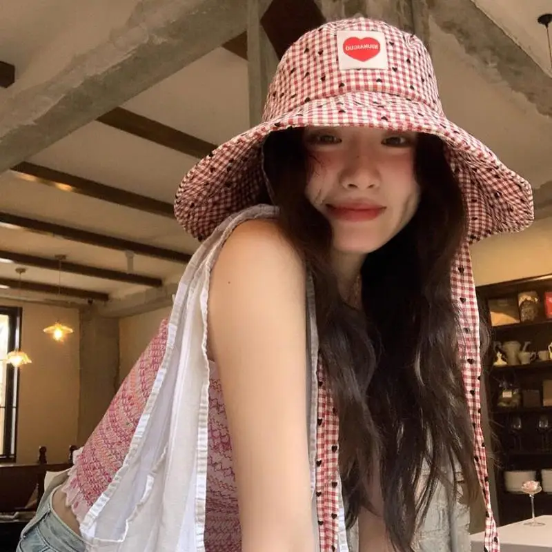 Plaid Heart Women Fisherman Hat Summer Lightweight Cute Sweet Cap Outdoor For Fishing Or Boating