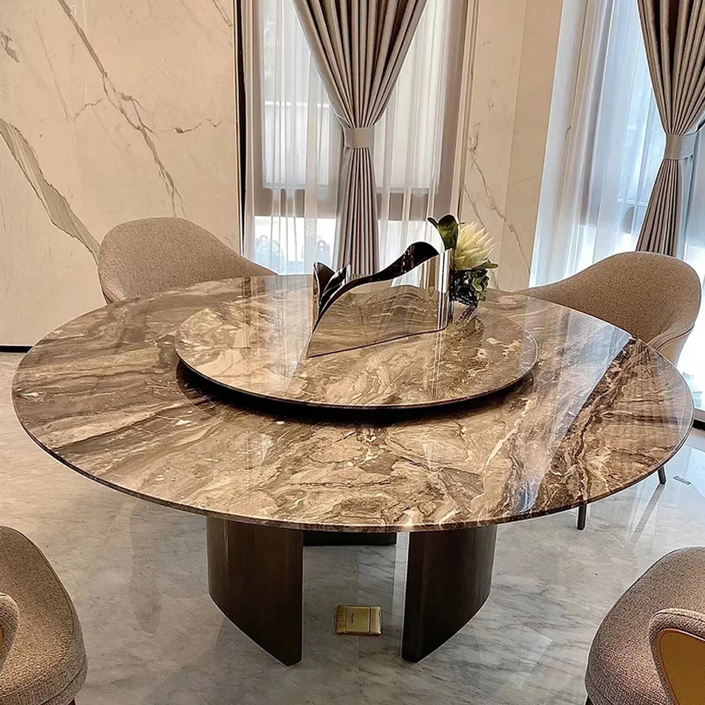 Big wholesale 8 chairs modern round marble top dining table venetian brown Italian luxury real marble table