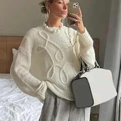 TARUXY Fashion Casual Pullovers For Women Solid Color Round Neck Long Sleeve Knitted Sweater Loose Female 2024 Autunn Winter New