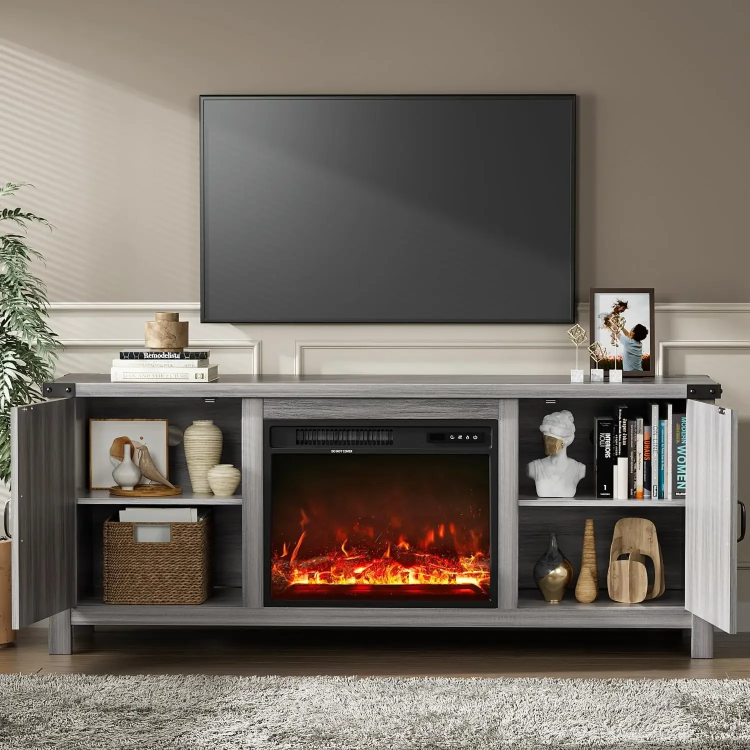 Fireplace TV Stand with Two Doors and Storage Cabinets for Televisions up to 65+ Inch,Media Furniture for Living Room,58 Inch