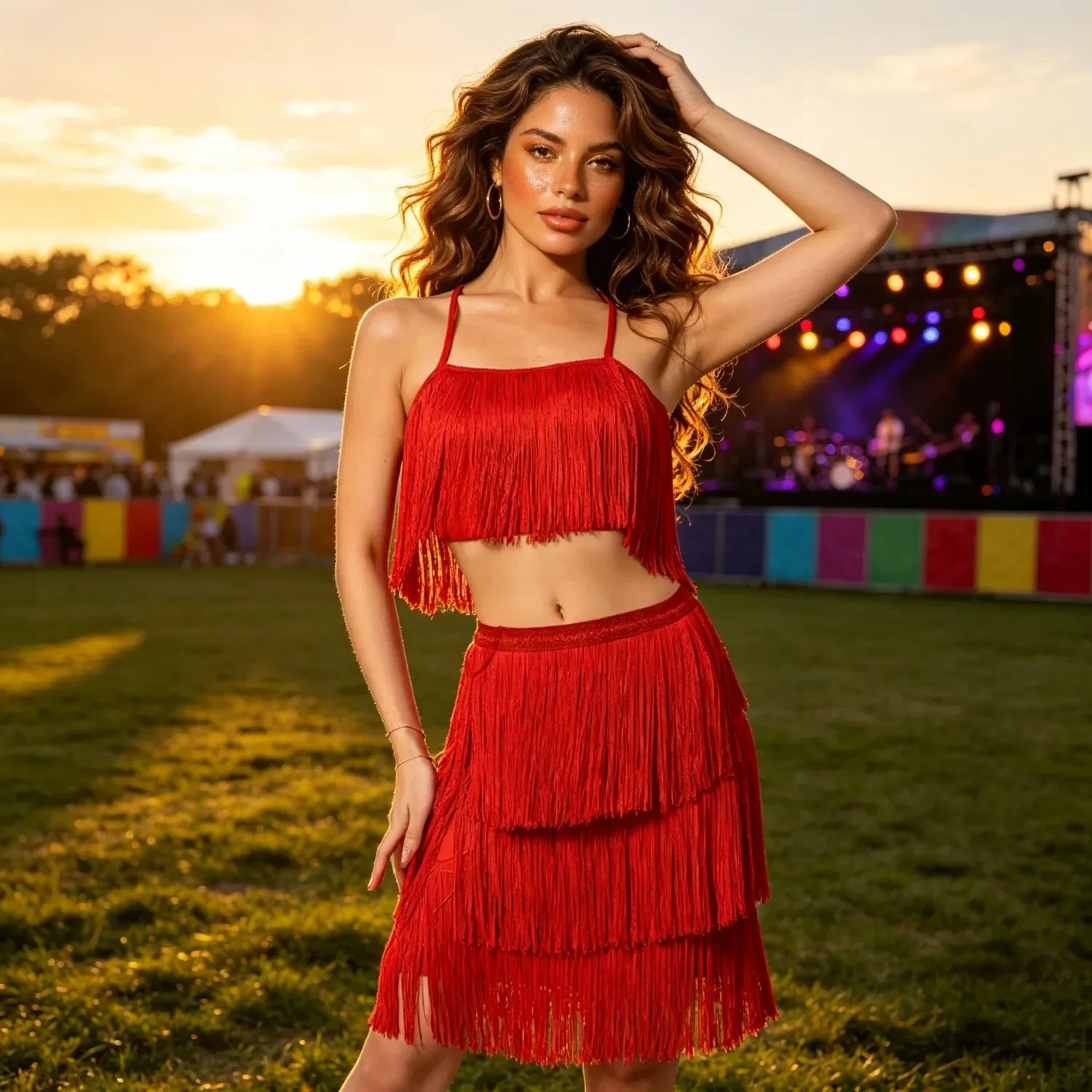 Women Two Pieces Tassel Dance Crop Top and Mini Skirt Professional Adult Stage Dance Costume Set