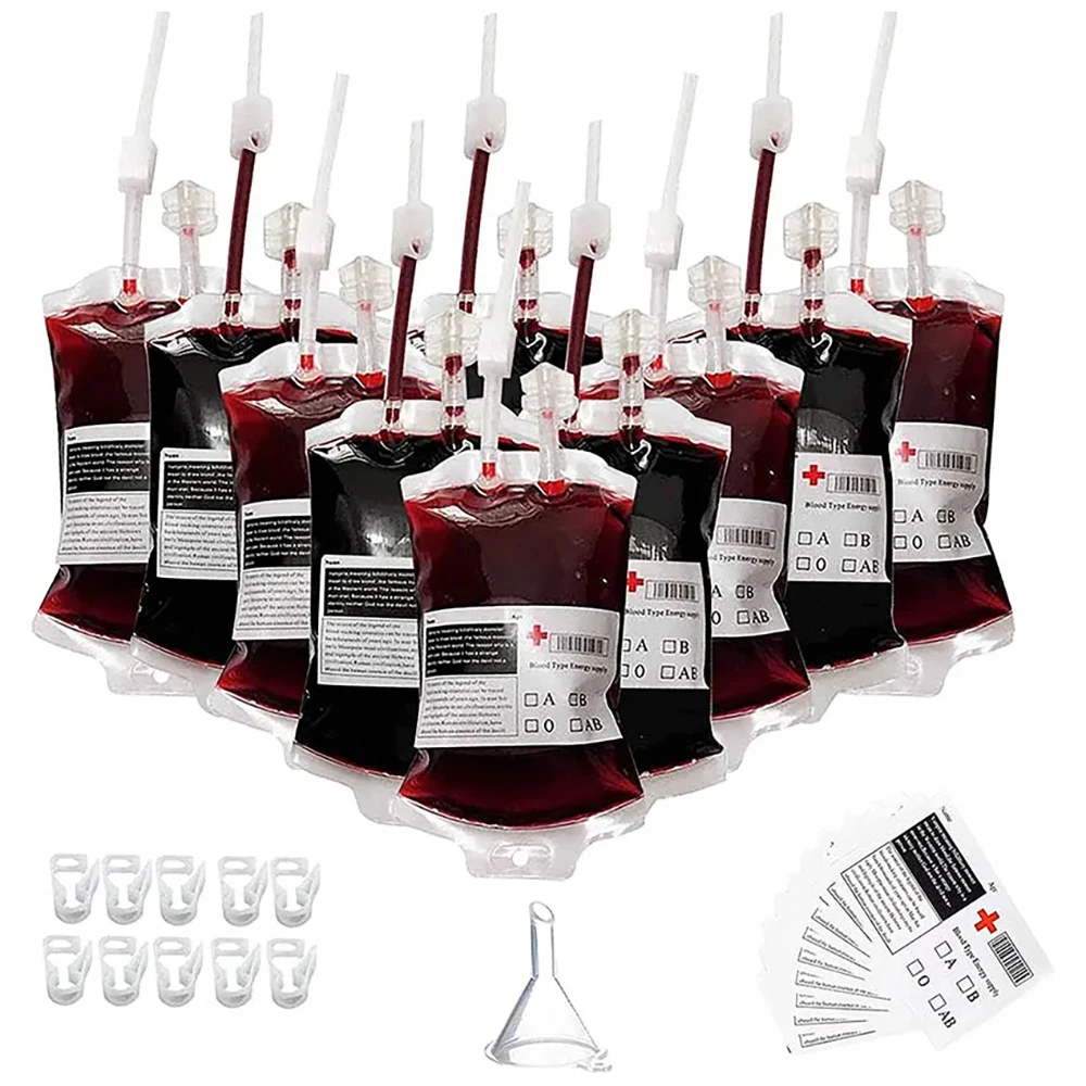 Bolsas de sangre de Halloween de 350ml para bebidas, bolsas de sangre de vampiro, bolsas de bebidas energéticas, bolsas de sangre para beber, accesorios aterradores de Halloween