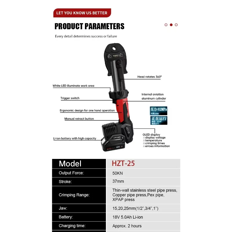

【From China】Portable Hydraulic Pro Press Pipe Pressing Tool 19 KN Force 15-25mm Compression Range for PEX/Copper Pipes Battery