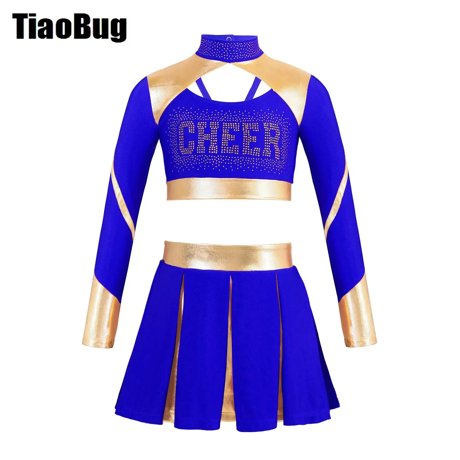 Kids Girls Cheerleading Ballet Outfit Mock Neck Long Sleeve Shiny Rhinestones Letter Print Cutout Crop Top with Pleated Skirt