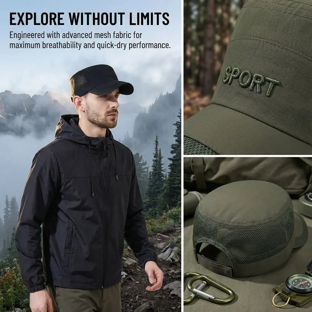 Adjustable Flat Top Cap Sun Protection Breathable Mesh Sun Hat Polyester Casual Wear Quick Drying Cap Sports Activities