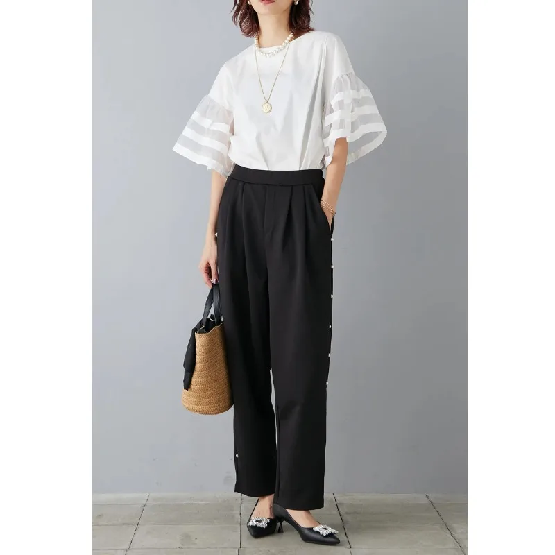 

Loose Women's Faion Set with Flared Sve Blouse And Pants Spliced Chiffon Top Nine Points Pants round Ne ort Sve