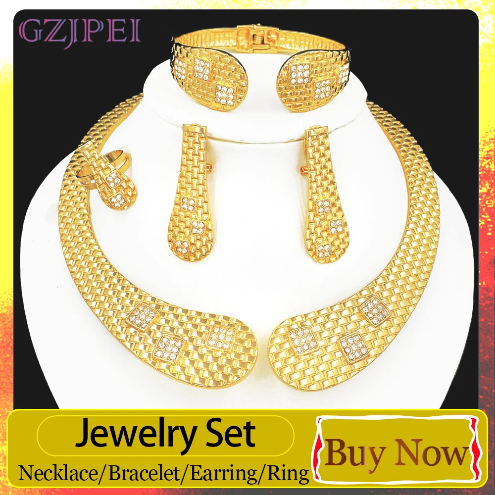 gzjpei-4点セット-デザインジオメトリージュエリーセット-18kゴールドメッキ-カフブレスレット-ネックレス-ロングイヤリング-レディース-デイリージュエリーアクセサリー