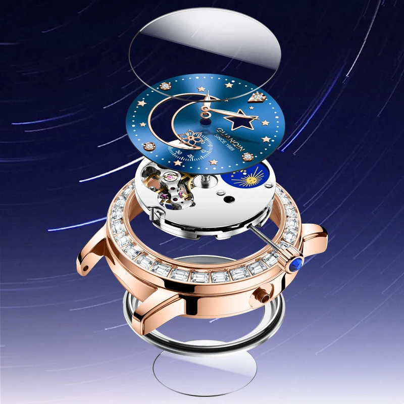 GUANQIN Women Mechanical Watch Luxury Starry Moon Series Ceramic Moonphase Sub-dial Leisure 30M Waterproof Luminous Watches
