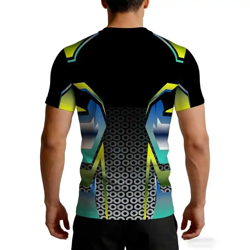 Men's Summer Gym T Shirt Quick Dry Stretch Fabric Fluorescent Mecha Print Contrast Waist Design Body Hugging Cooling Athletic